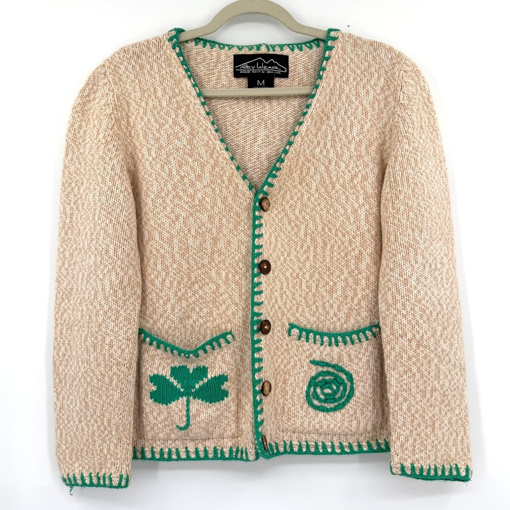 Rey Wear Vintage Hand Knit Bolivia Cotton Cardigan Tan Green Shamrock Size M